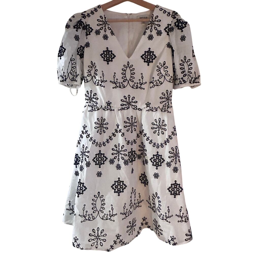 Kensie White Navy Embroidered Eyelet Dress Puff Sleeve Fit Flare 4
